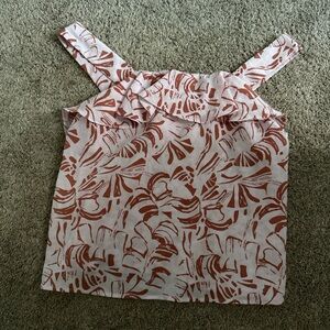 Pink and Brown Floral Blouse with Ruffled Neckline worn once- classy